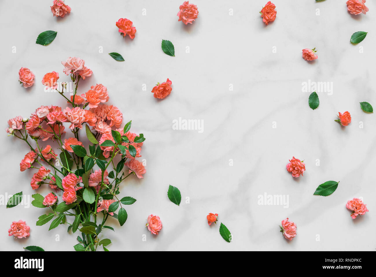 Vivere a colori Coral Rose bouquet di fiori con cornice fatta di gemme su marmo bianco dello sfondo. Colore Pantone dell'anno 2019. Concetto di natura. Lay piatto. Foto Stock