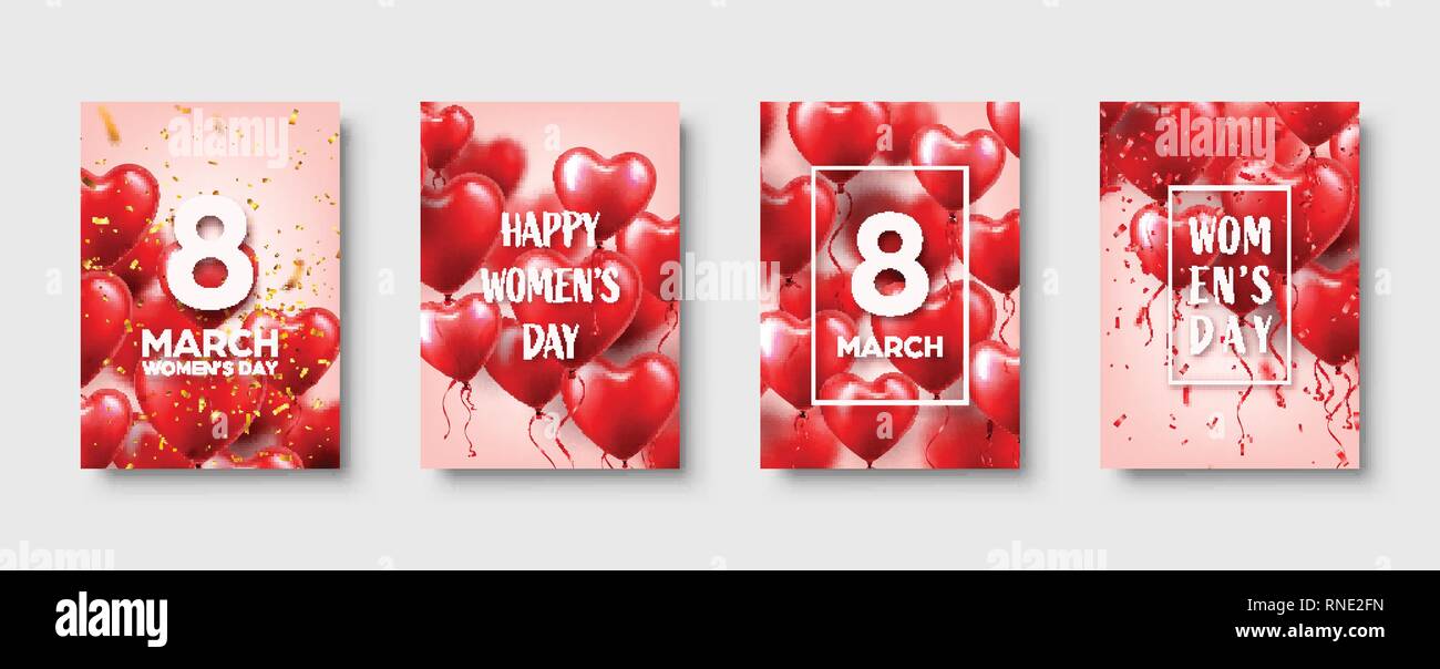 Giornata della donna sfondo con palloncini rossi, forma di cuore.Coriandoli e nastro. Simbolo d'amore. Il 8 marzo. Io vi amo. Illustrazione Vettoriale. Illustrazione Vettoriale
