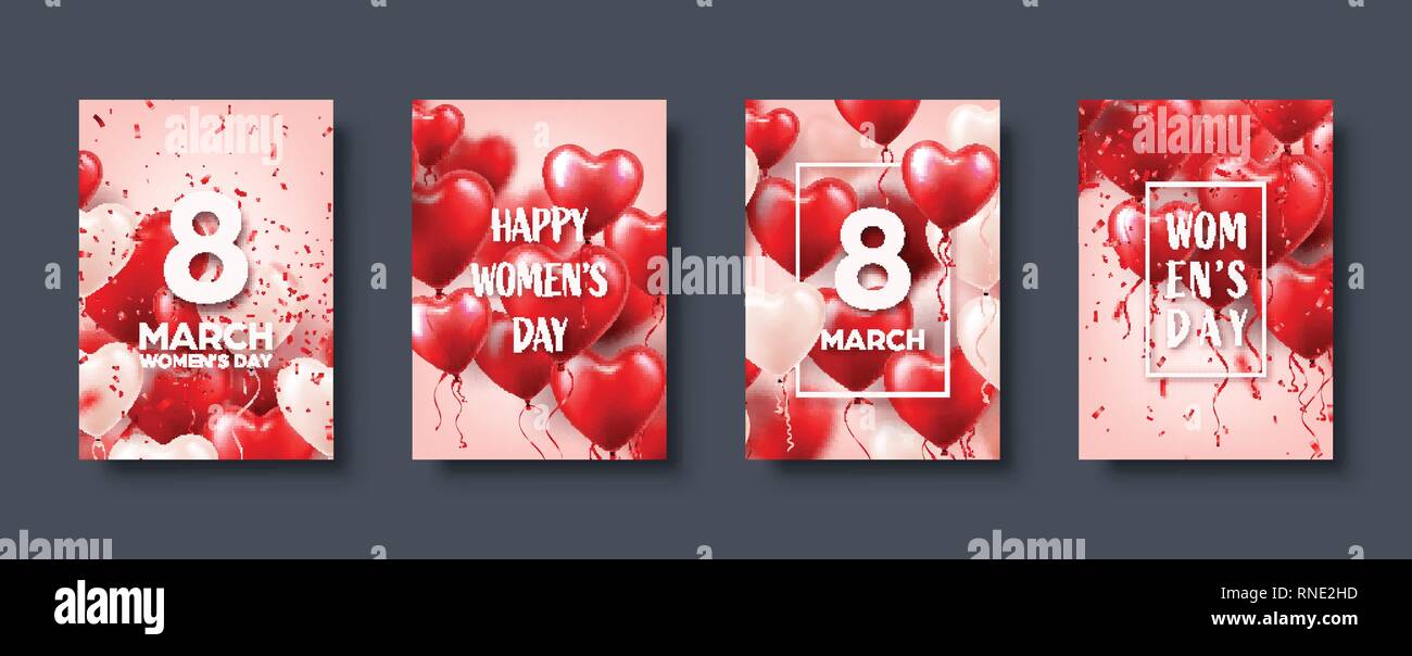 Giornata della donna sfondo con palloncini rossi, forma di cuore.Coriandoli e nastro. Simbolo d'amore. Il 8 marzo. Io vi amo. Illustrazione Vettoriale. Illustrazione Vettoriale