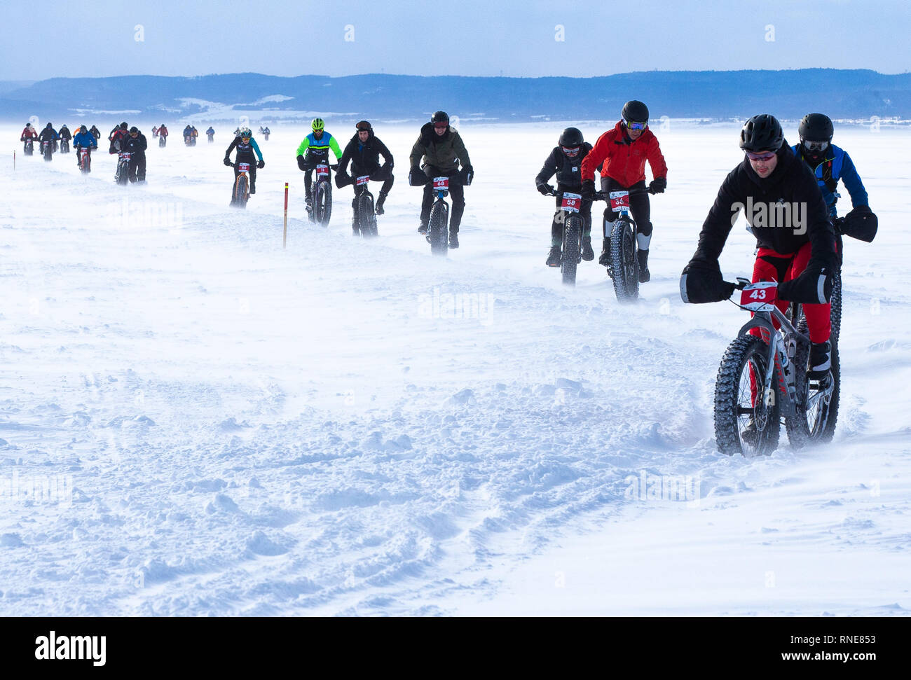 La Baie, Quebec, Canada. Xvi Feb, 2019. Gli amanti della mountain bike ride Fat Tire Bike attraverso un ghiaccio e neve coperto Lac Saint-Jean del Saguenay. Fat Tire snow bike è una bicicletta unica sfida e avventura congelati. Credito: Patrice Lapointe/ZUMA filo/Alamy Live News Foto Stock