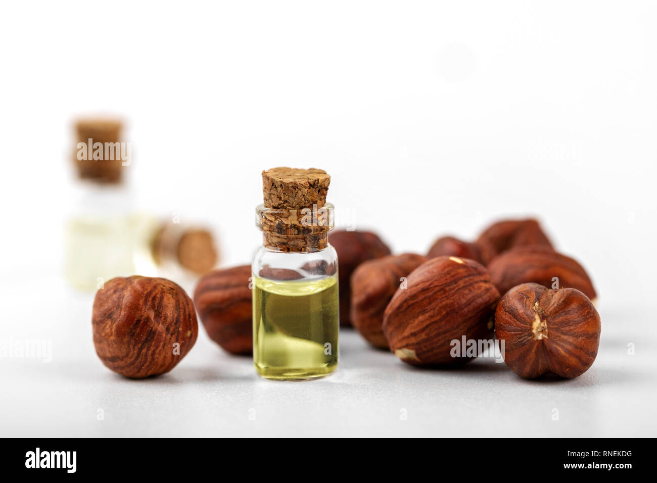 Olio di nocciola e dadi isolato su bianco Foto Stock