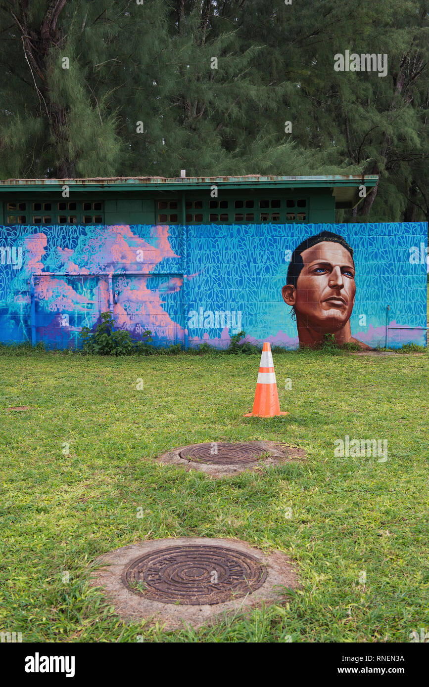 Un memoriale murale per il surfista Andy ferri da stiro in Hanalei, Kauai, Hawaii. Foto Stock