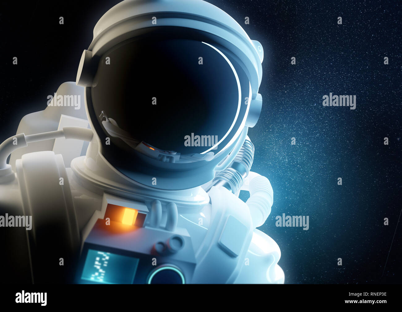 Ritratto di un astronauta spaceman fluttuante nello spazio. 3D persone illustrazione. Foto Stock