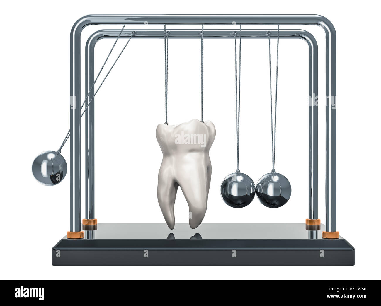La carie dentaria concetto. Newton la culla con il dente. 3D rendering isolati su sfondo bianco Foto Stock
