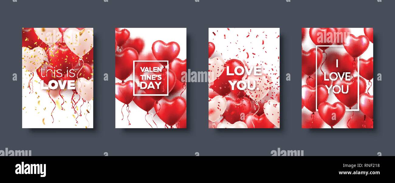 Il giorno di San Valentino astratto modello di scheda, banner con cuore rosso palloncini. Matrimonio romantico amore sfondo. Set di vettore. Illustrazione Vettoriale