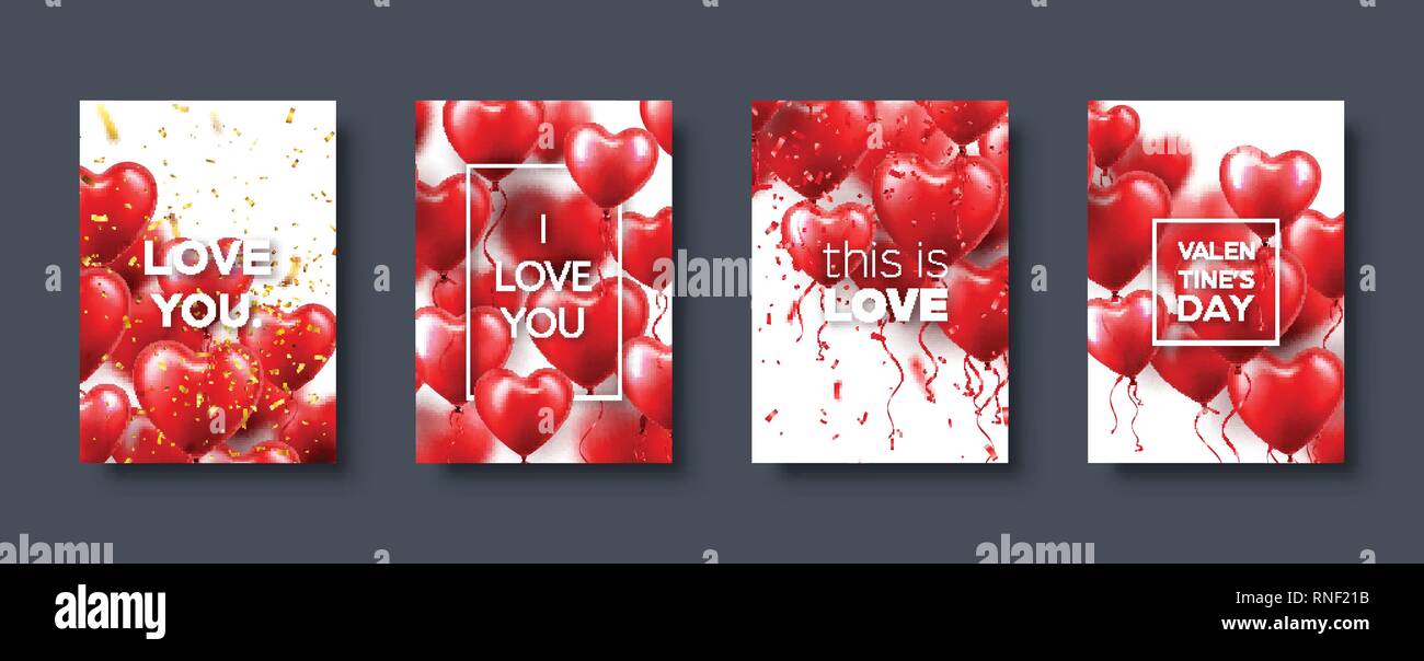 Il giorno di San Valentino astratto modello di scheda, banner con cuore rosso palloncini. Matrimonio romantico amore sfondo. Set di vettore. Illustrazione Vettoriale