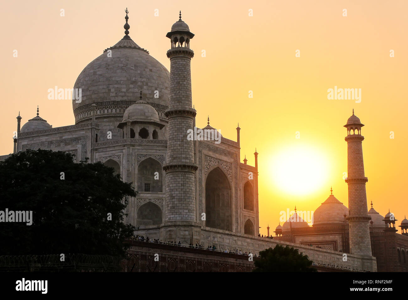 Taj Mahal al tramonto in Agra, Uttar Pradesh, India. Taj Mahal è stato designato come un Sito Patrimonio Mondiale dell'UNESCO nel 1983. Foto Stock