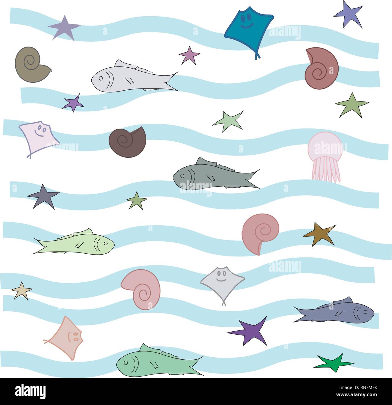 Serie di shell, pesci, stelle marine, vita marina Illustrazione Vettoriale