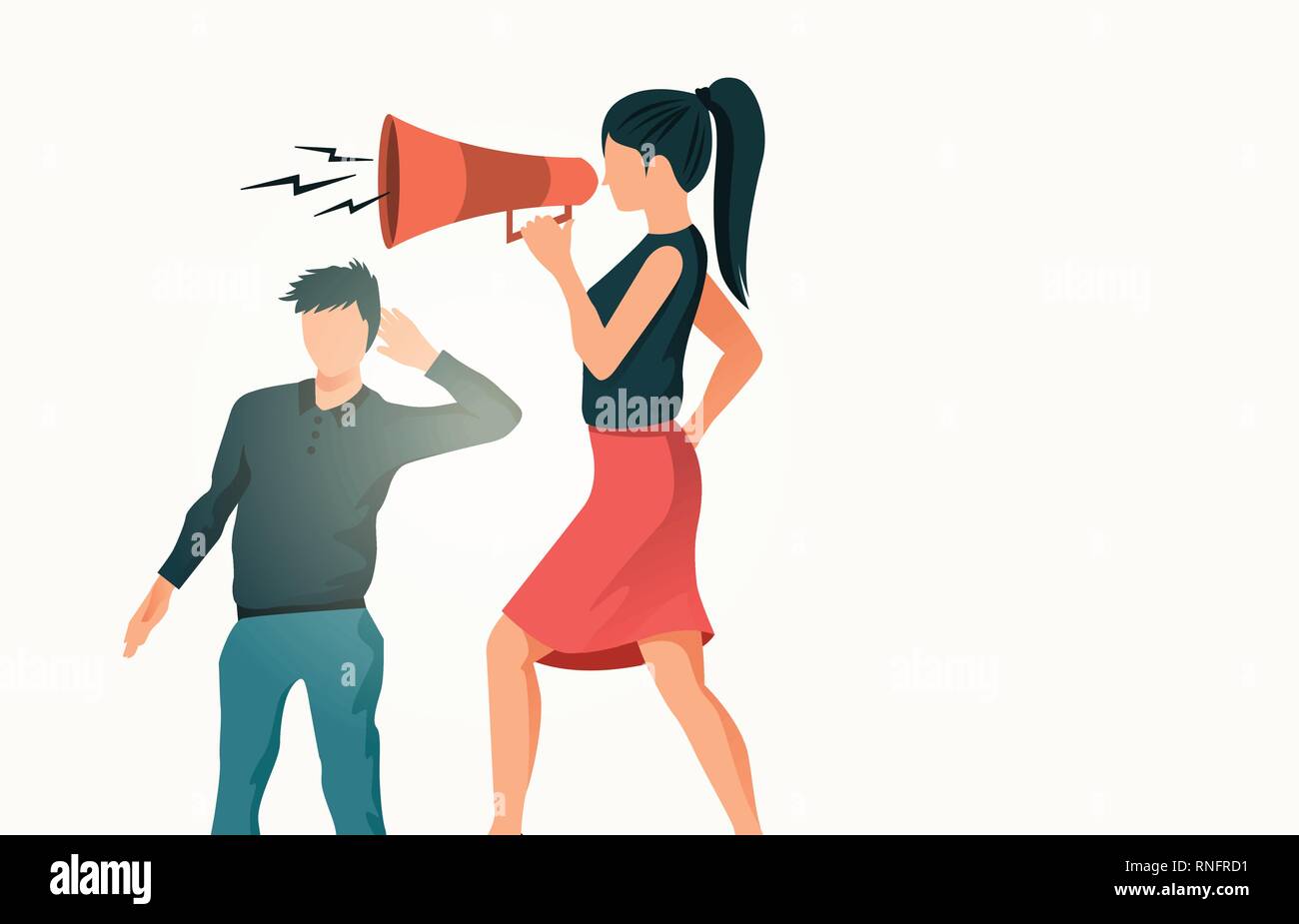 Una donna con un megafono con un uomo in background mancata ricezione del messaggio. Persone illustrazione vettoriale. Illustrazione Vettoriale