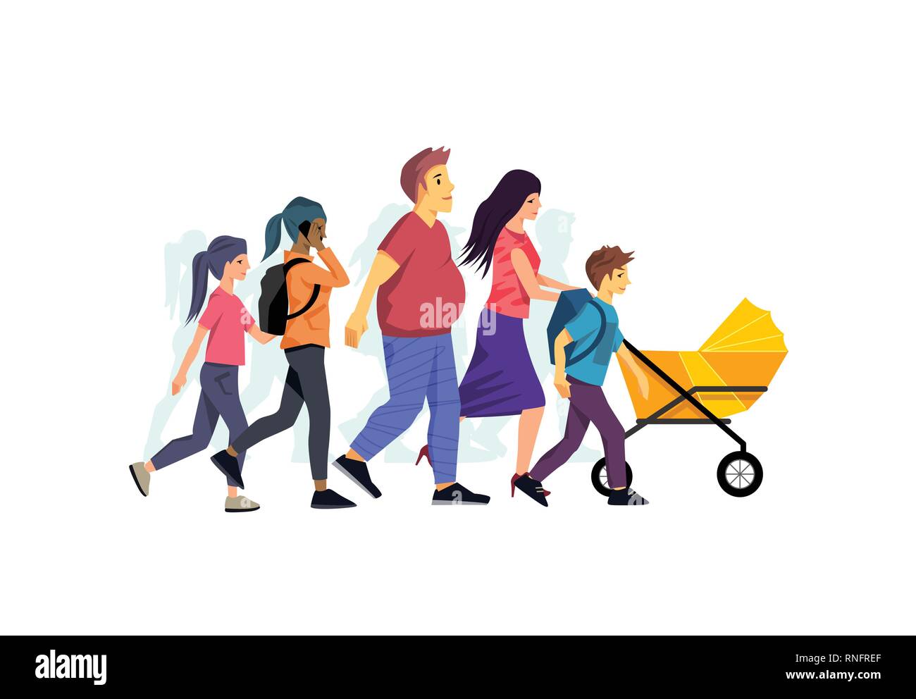 Un ambiente informale e rilassato famiglia camminare insieme. Vettore illustrazione persone Illustrazione Vettoriale