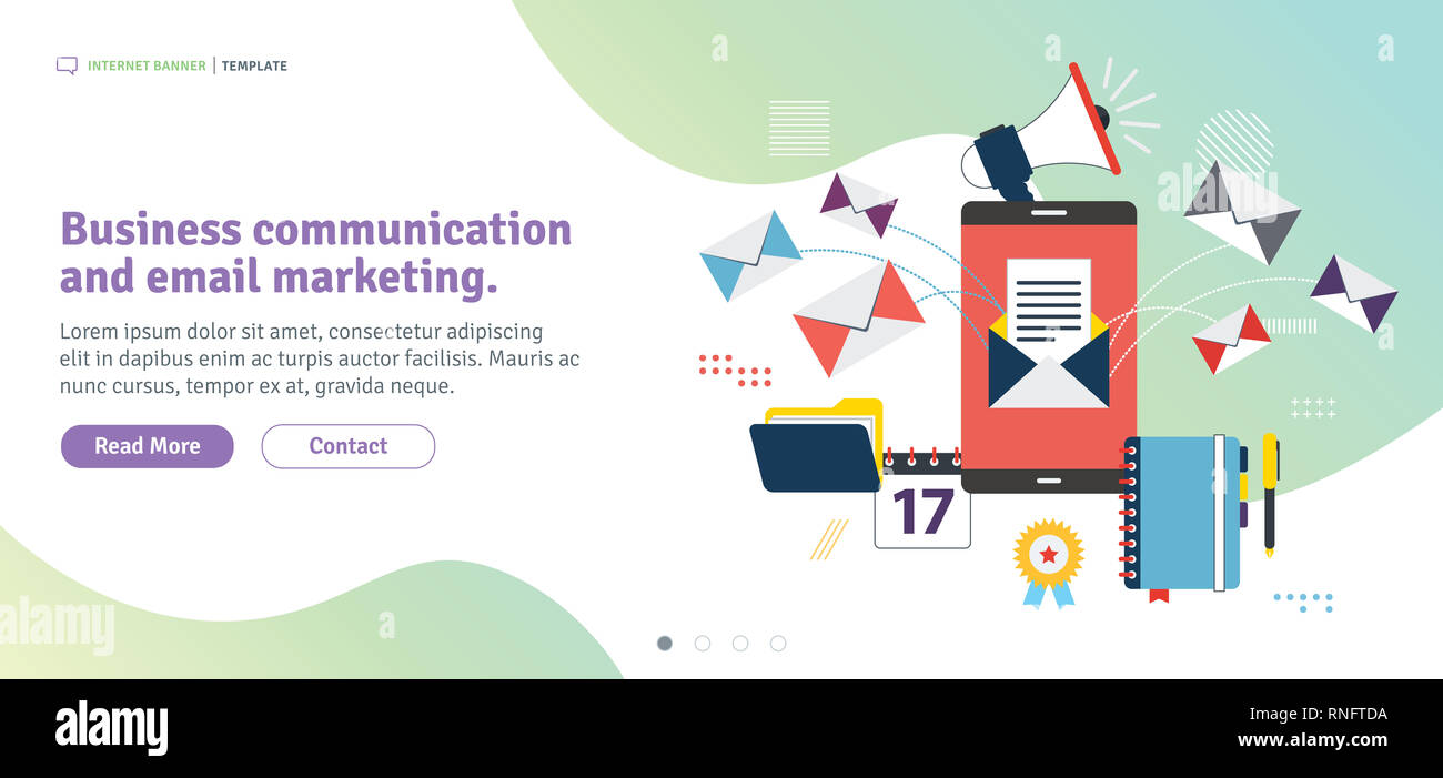 Attività di comunicazione e marketing e-mail. APP in arrivo, inviare o ricevere messaggi di posta elettronica nello smartphone .Template in design piatto per banner web o una infografica in v Foto Stock