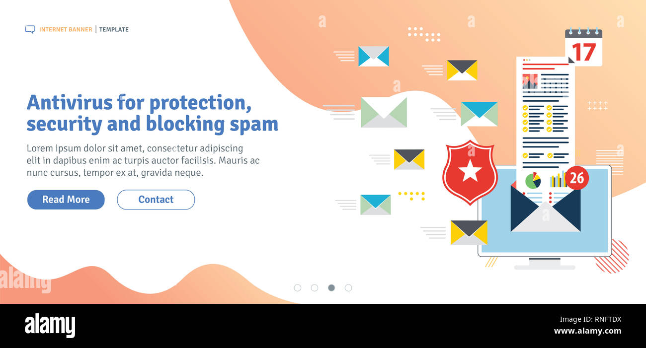 Antivirus per la protezione, sicurezza e bloccare lo spam. Tutela della privacy, virus e attacchi di phishing. Modello in design piatto per banner web o una infografica ho Foto Stock