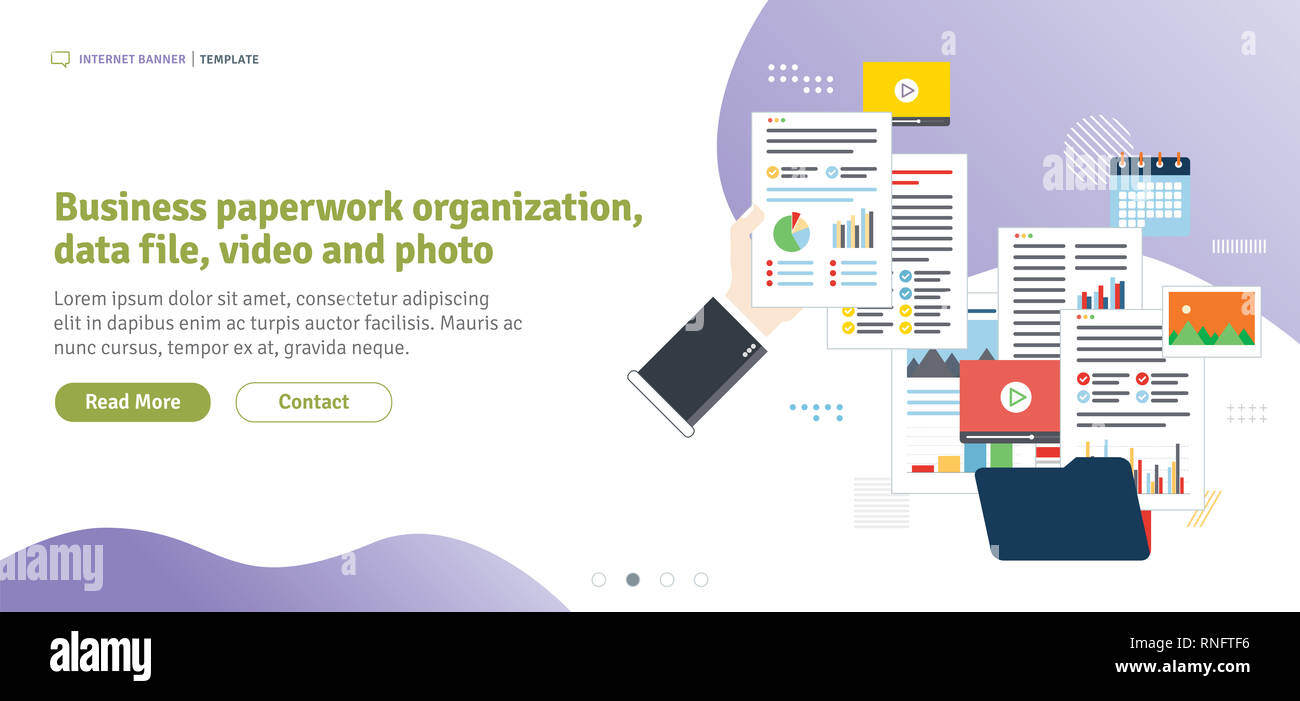 Documenti aziendali organizzazione, file di dati, video e foto. Le mani con i fogli dei dati di analisi. Contratto firma. Design piatto per divieto di web Foto Stock