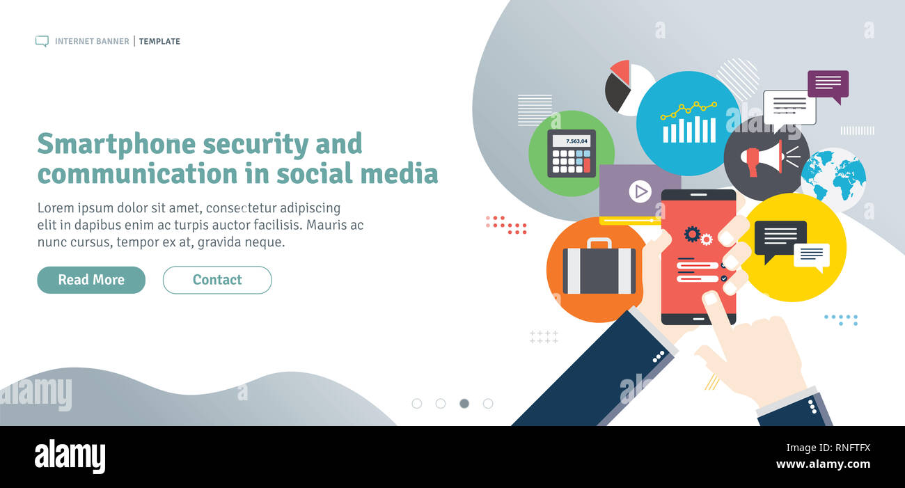 Protezione degli smartphone e la comunicazione nei social media. Telefono cellulare sulla schermata di login. Applicazione smartphone icone collegati da linee. Design piatto per Foto Stock