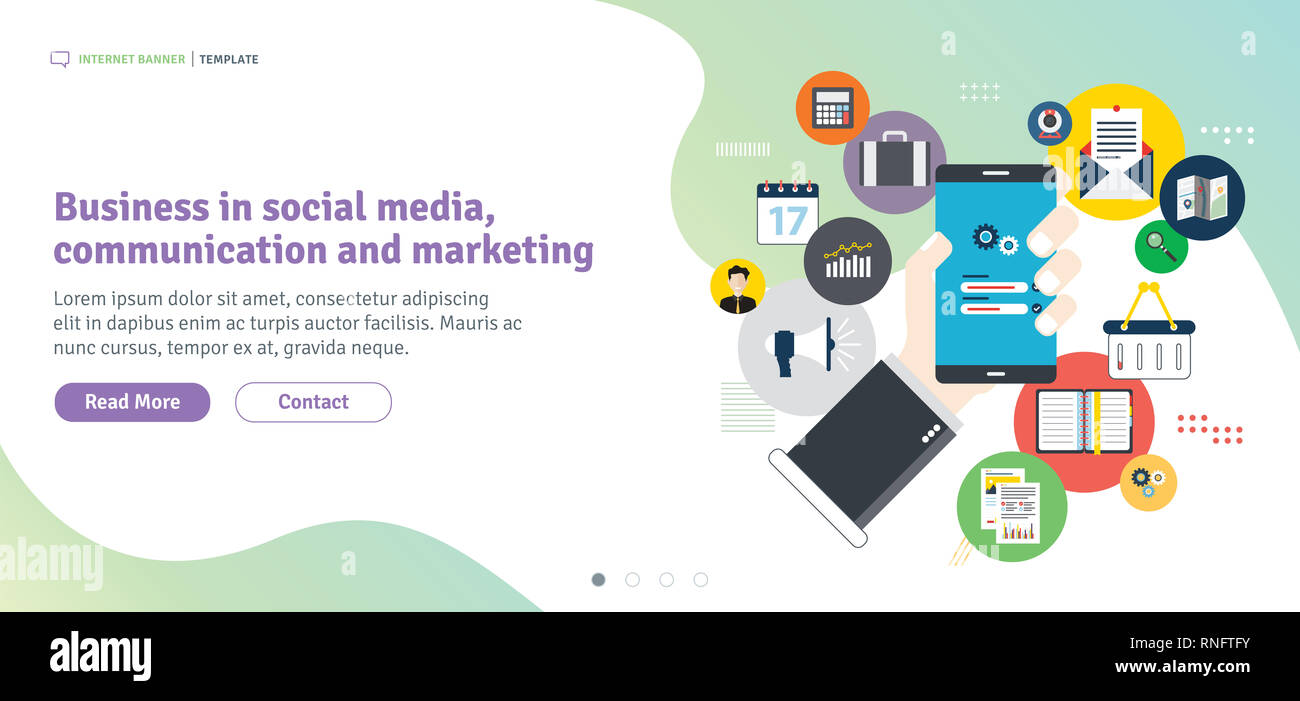 Business in social media, comunicazione e marketing. Telefono cellulare sulla schermata di login. Applicazione smartphone icone collegati da linee. Design piatto per Foto Stock