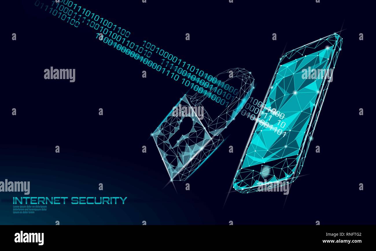 Bassa poli cyber lucchetto di sicurezza sui dati dello smartphone. Internet Security Blocca informazioni privacy futuro poligonale innovazione tecnologica. Antivirus di rete Illustrazione Vettoriale