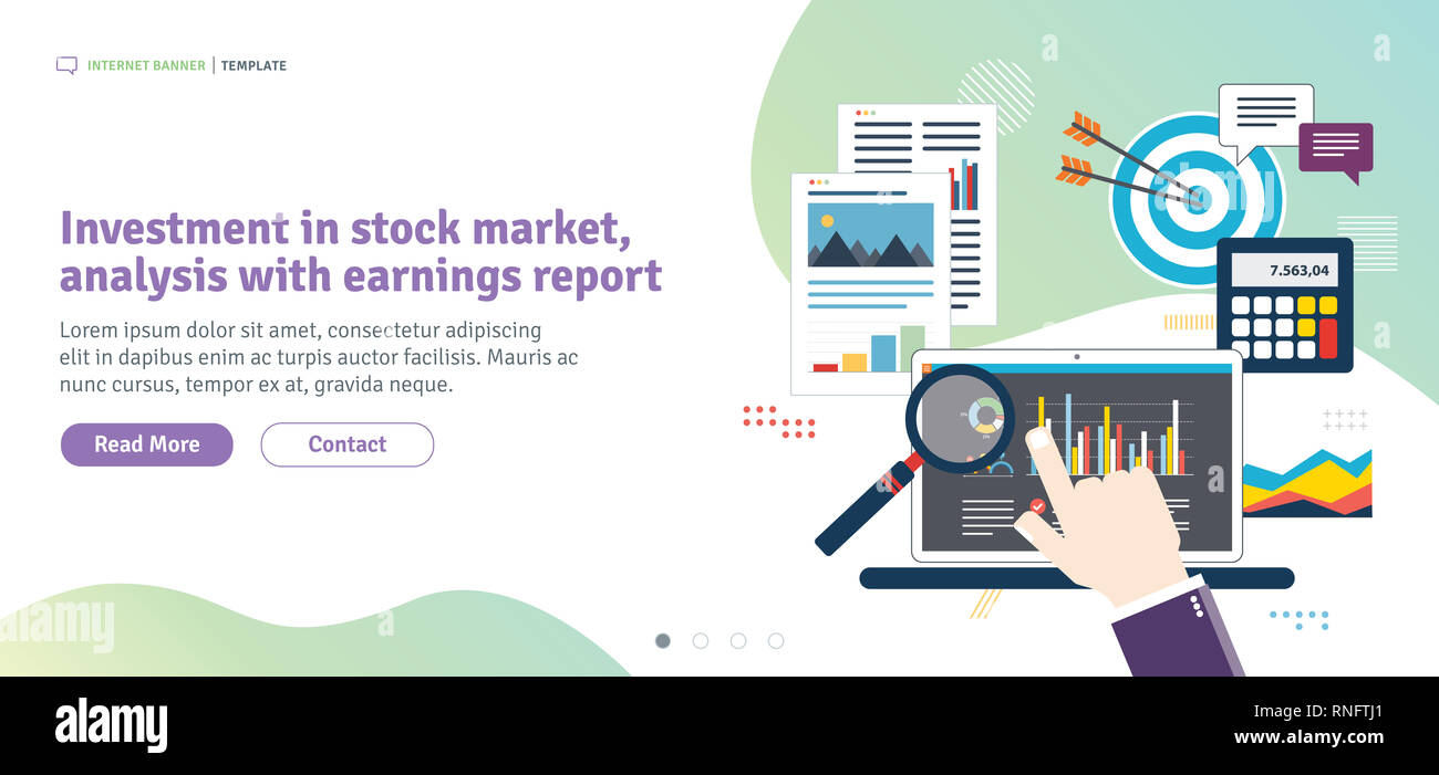 Gli investimenti nel mercato azionario, analisi con utili report, analisi con il rapporto di crescita, investimenti finanziari, i calcoli e i grafici dei guadagni. Appartamento Foto Stock