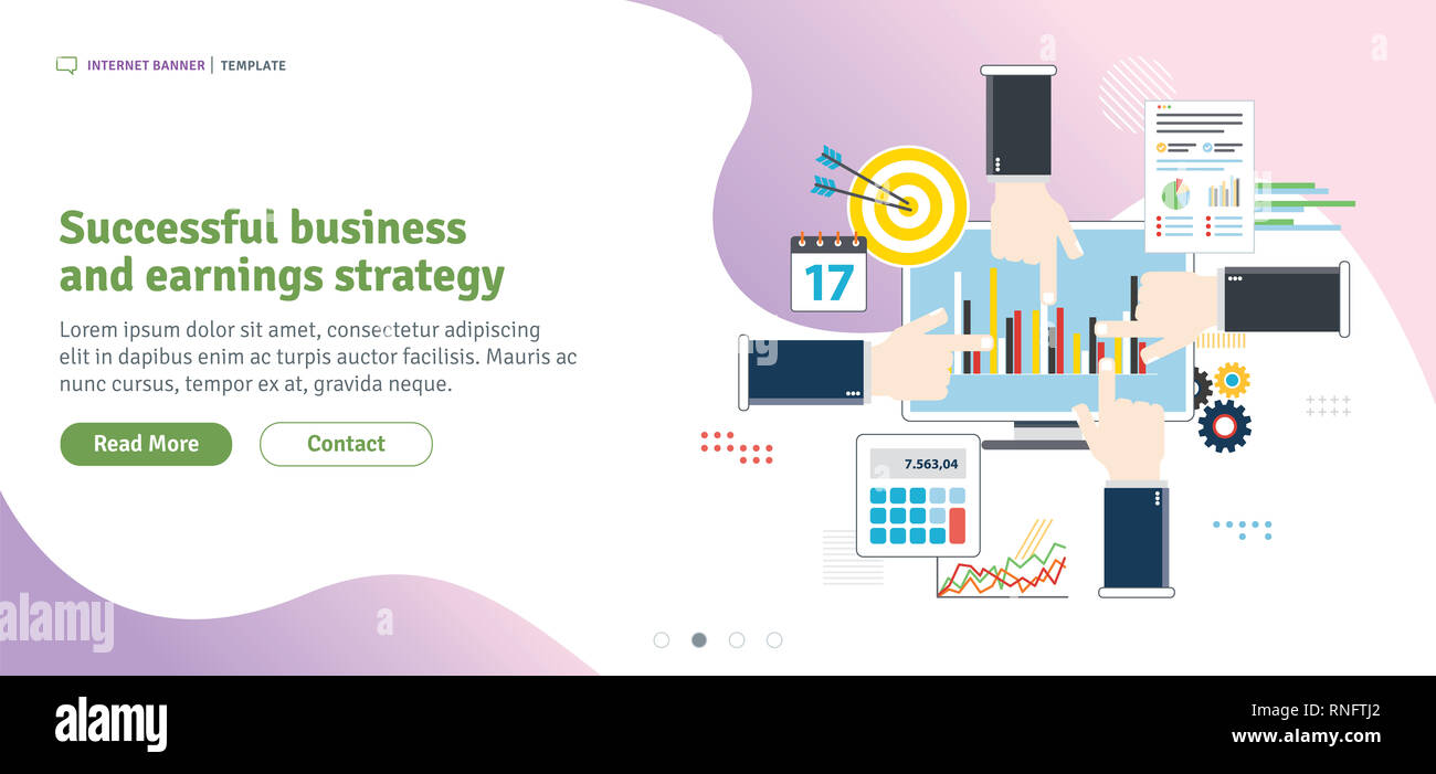 Business di successo e guadagni strategia, investimenti finanziari, analytics con rapporto di crescita. Il successo nel business e l'avvio. Design piatto per il web b Foto Stock