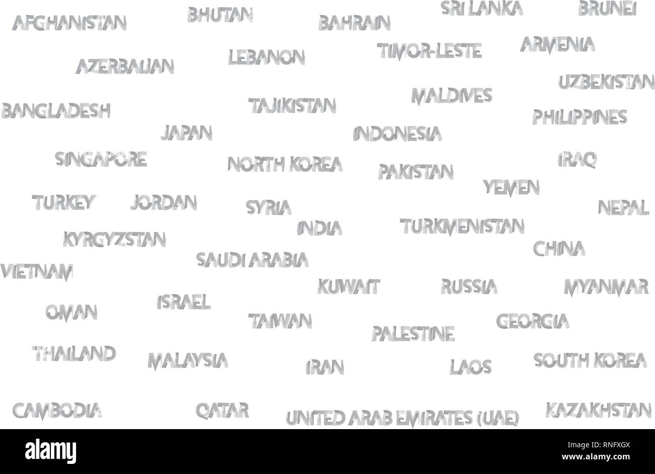 Paese asiatico nomi scritti con acqua color pennellate di colore grigio. Illustrazione Vettoriale