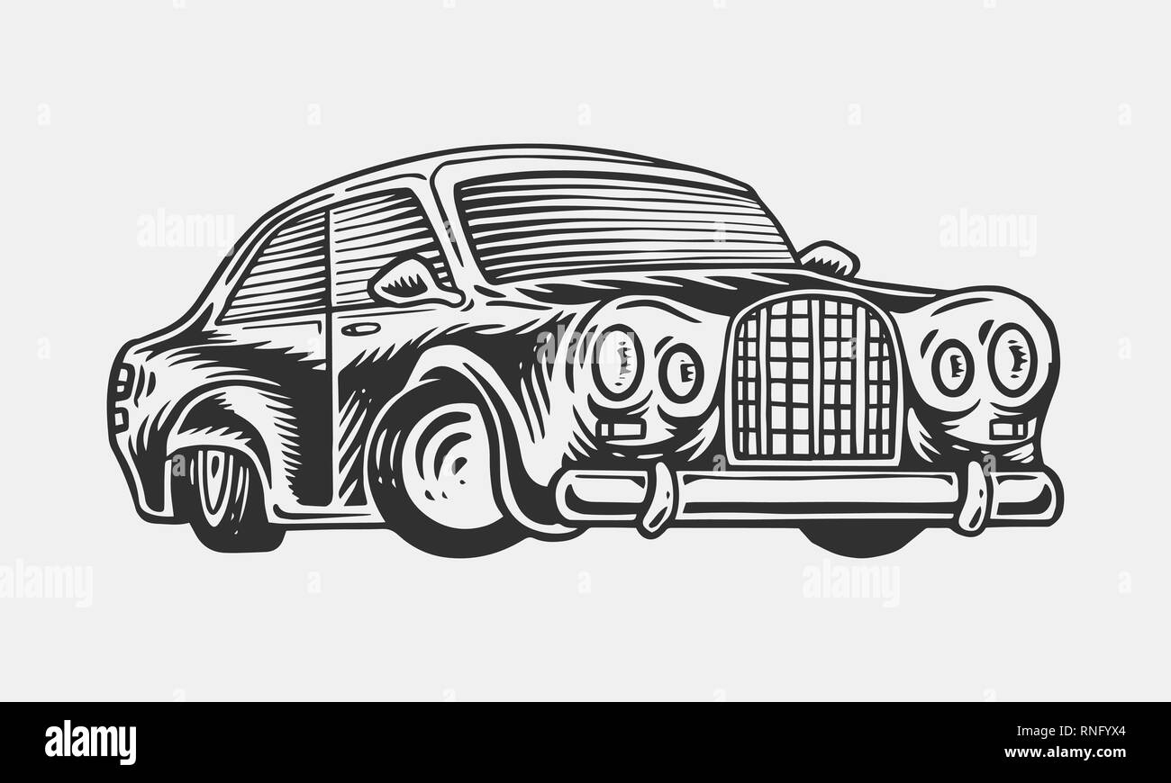 Muscolo auto o trasporto vintage. Retrò classico della vecchia scuola di servizio automatico. Un poster o un banner. Mano inciso bozzetto per logo e etichette. Motore di sport Illustrazione Vettoriale