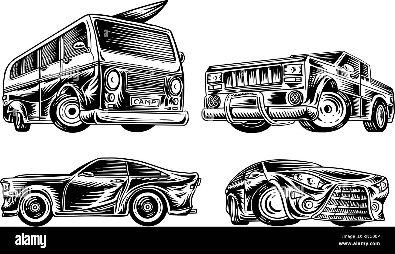 Il Muscolo auto e trasporti vintage. Set di retrò old school van e auto service. Collezione di classic roadster. Mano inciso bozzetto. Azienda Illustrazione Vettoriale