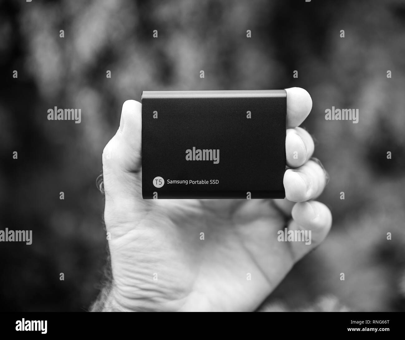 Parigi, Francia - 14 Ago, 2018: Man mano che tiene Samsung T5 SSD portatile 2 TB di disco rigido esterno disco con elevata velocità di lettura e scrittura contro lo sfondo di colore verde unboxing di testing Foto Stock