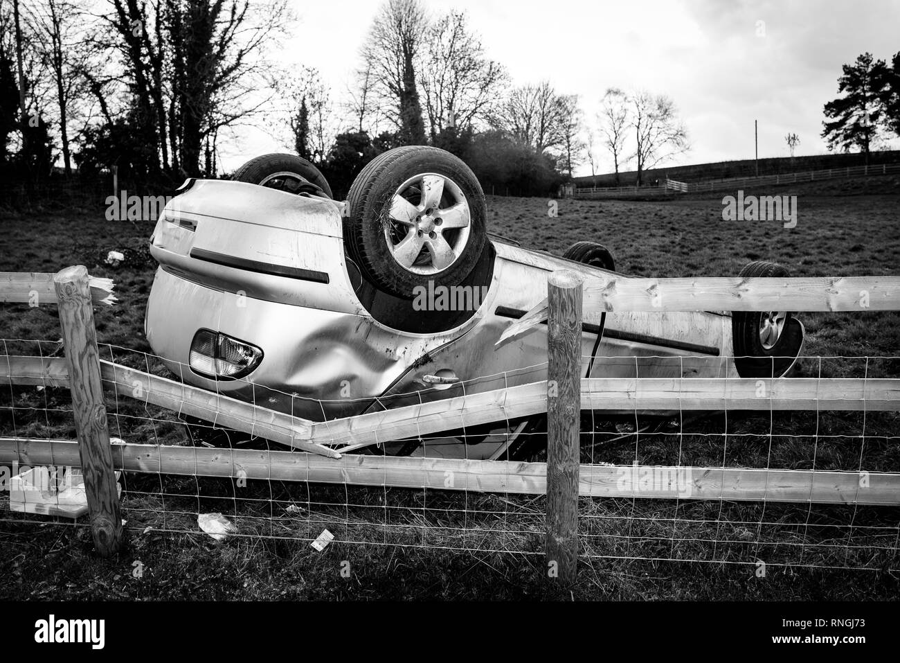 Car Crash e danneggiamento auto. Veicolo in un campo dopo alta velocità crash. Foto Stock