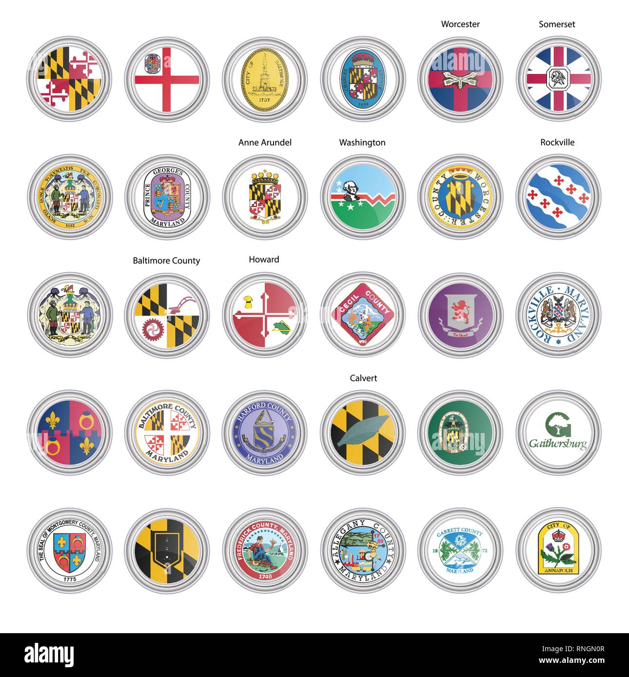 Set di icone vettoriali. Le bandiere e le guarnizioni di tenuta del Maryland, USA. 3D'illustrazione. Illustrazione Vettoriale
