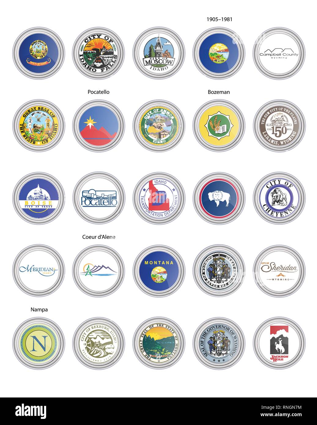 Set di icone vettoriali. Le bandiere e le guarnizioni di Idaho, Montana e Wyoming membri, STATI UNITI D'AMERICA. 3D'illustrazione. Illustrazione Vettoriale