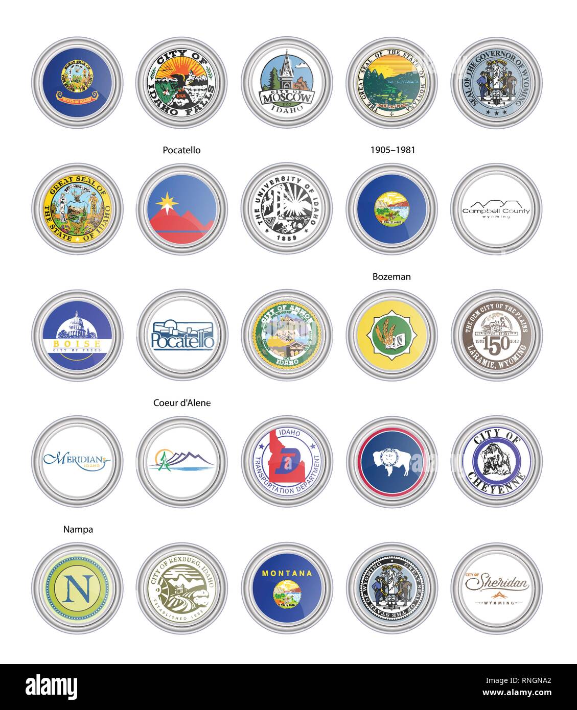 Set di icone vettoriali. Le bandiere e le guarnizioni di Idaho, Montana e Wyoming membri, STATI UNITI D'AMERICA. 3D'illustrazione. Illustrazione Vettoriale