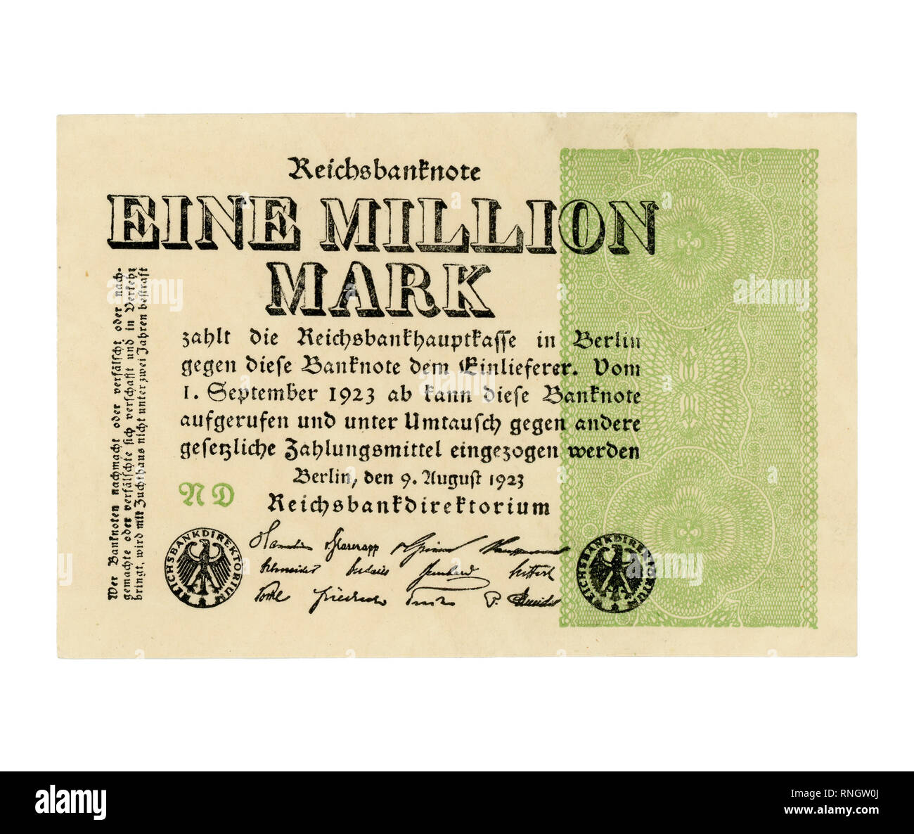 Eine milioni di Mark (significato un milione) Anno 1923 banconota inflazione denaro dalla Repubblica di Weimar Foto Stock