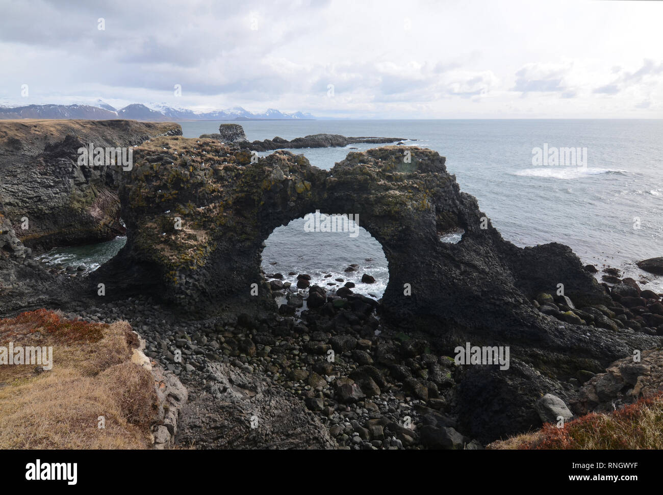 Bella roccia lavica arch rock sulla penisola Snaefelsnes. Foto Stock