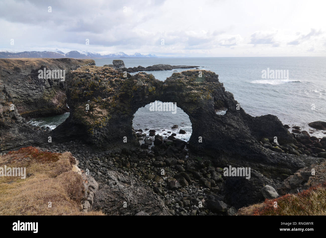 Incredibile roccia lavica arch in Arnarstapi su Islanda Snaefelsnes della penisola. Foto Stock