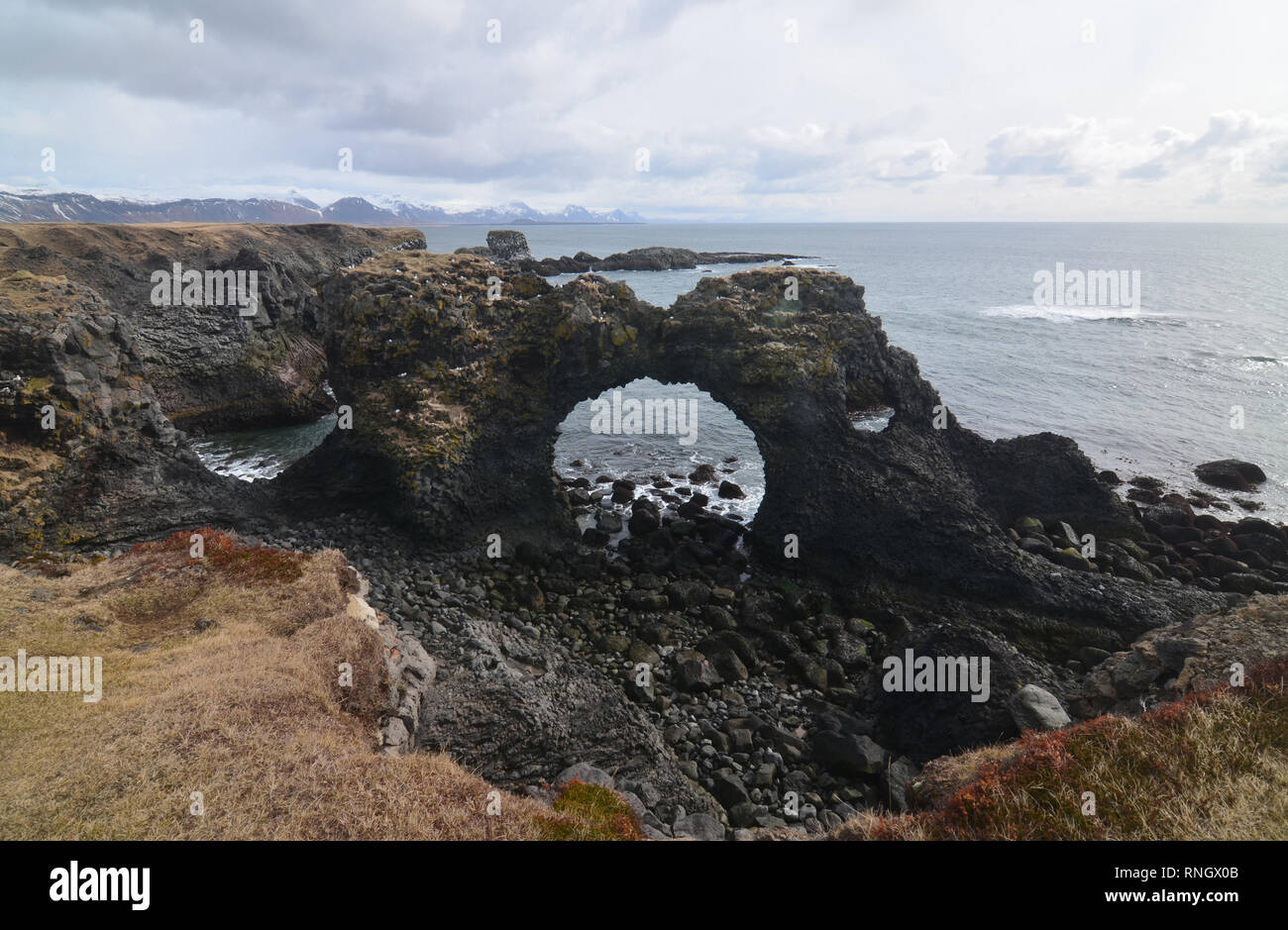Arnarstapi's Arch Rock lungo la costa della penisola di Snaefelsnes in Islanda. Foto Stock