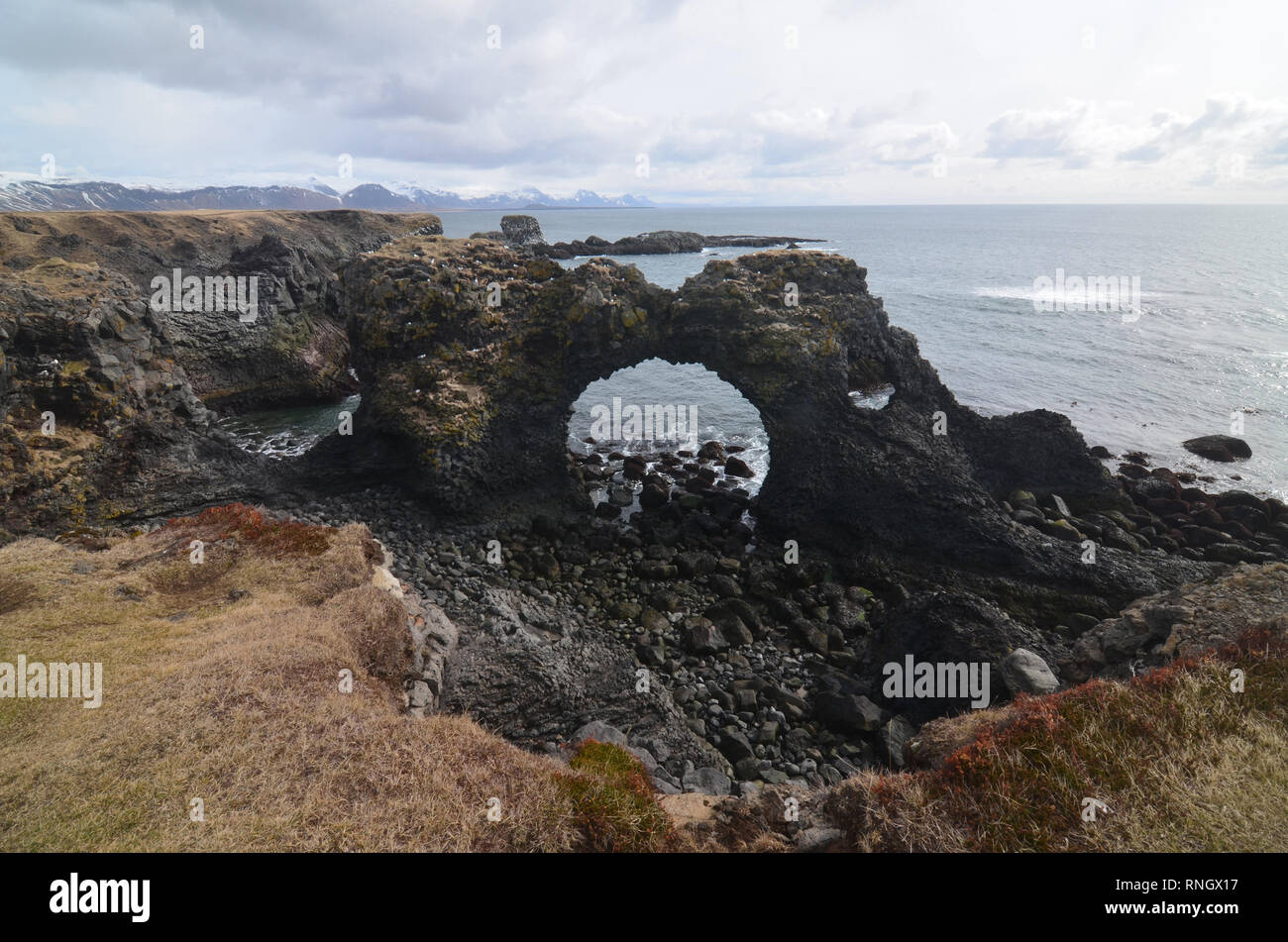 Grande roccia lavica arch lungo la costa dell'Islanda. Foto Stock