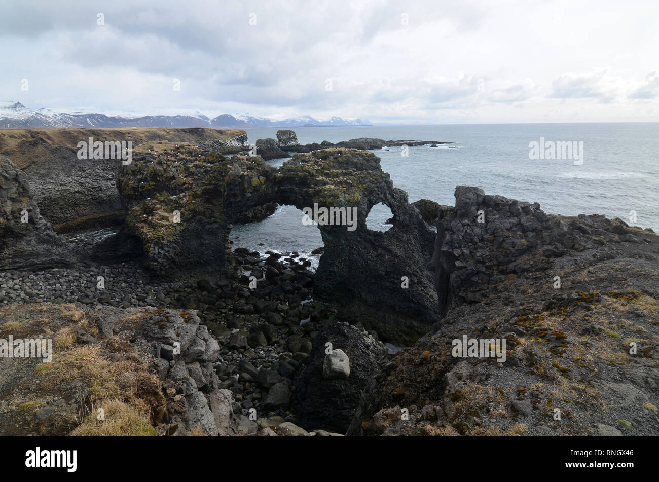 Arco di roccia lavica formazione a Arnastapi in Islanda. Foto Stock