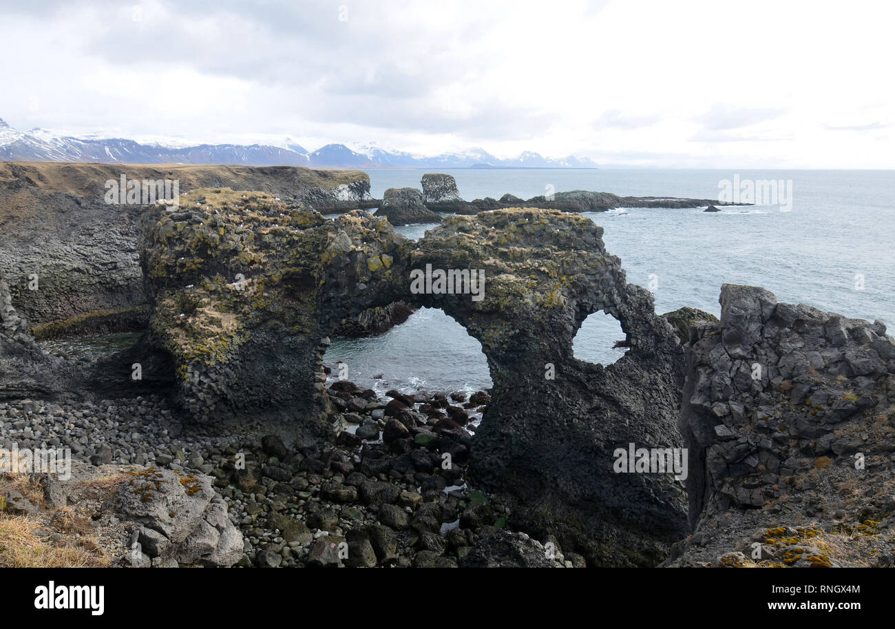 Arch Rock sul robusto rurale costa dell'Islanda. Foto Stock