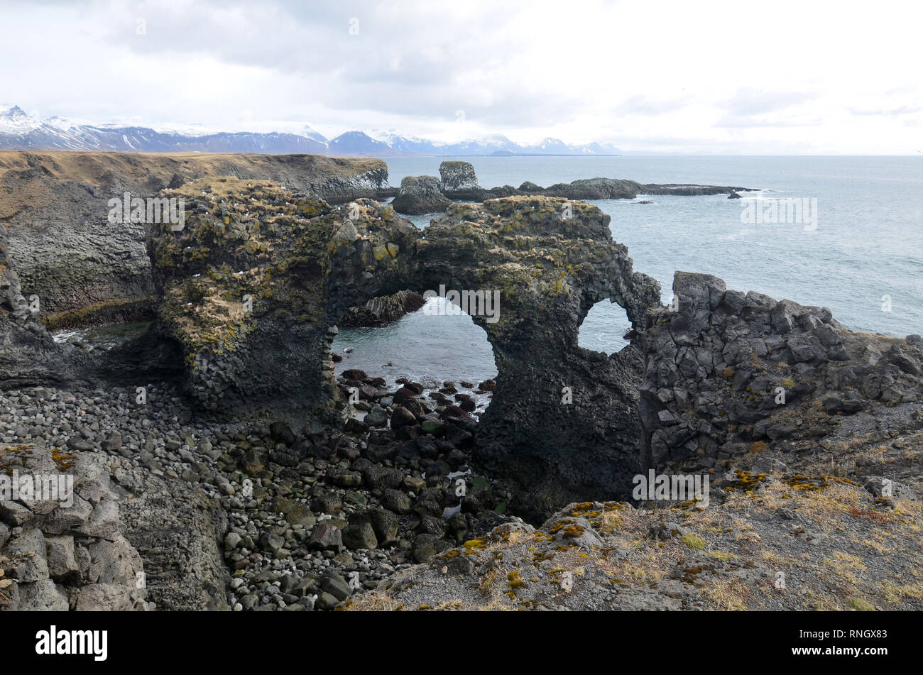 Arch rock formazione lungo la costa dell'Islanda. Foto Stock