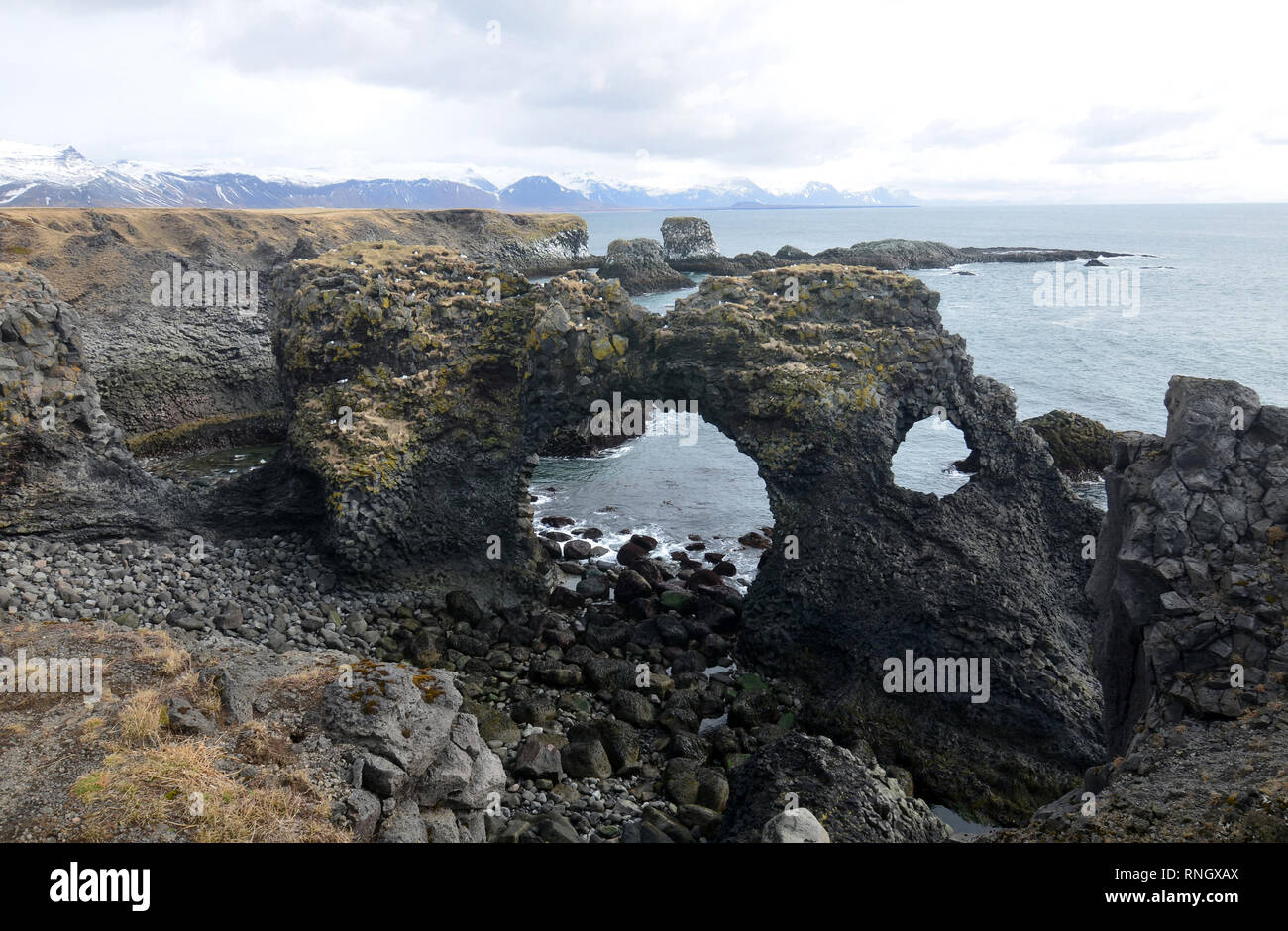 Incredibile arch rock lungo l'aspro paesaggio dell'Islanda. Foto Stock