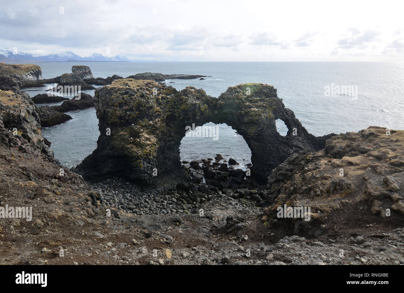 Unico arch rock a Arnarstapi sulla penisola Snaefelsnes in Islanda. Foto Stock