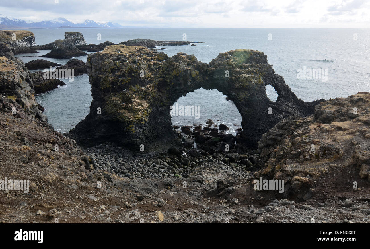 Lava incredibili formazioni rocciose che fuoriescono da la Icelandic Coast. Foto Stock