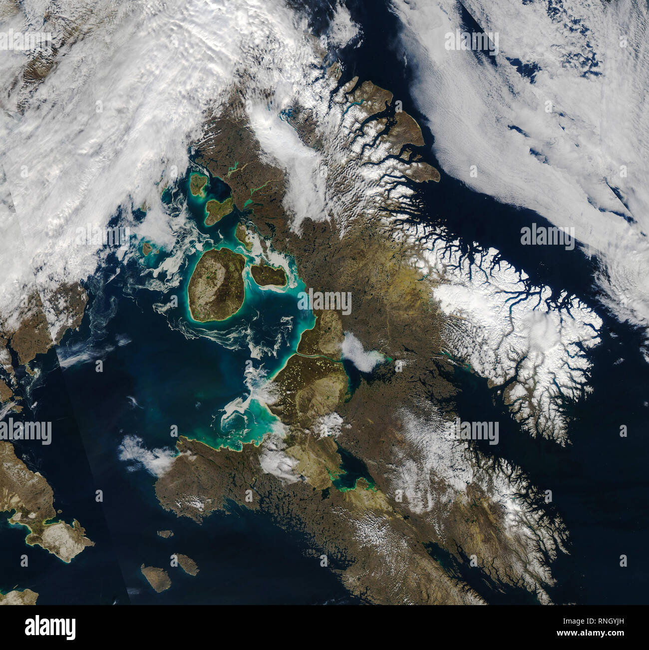 Vista aerea del bacino Foxe a nord della Baia di Hudson, in Nunavut, Canada, situato tra Isola Baffin e la penisola di Melville. Foto Stock