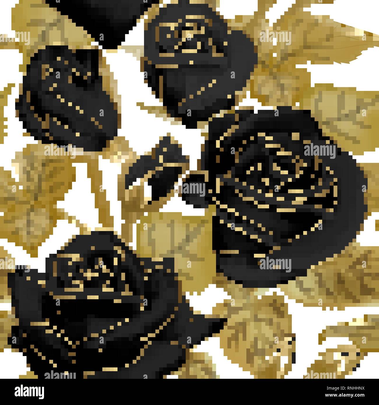 Modello senza cuciture con black roses e foglia oro su sfondo bianco. Illustrazione Vettoriale. Illustrazione Vettoriale