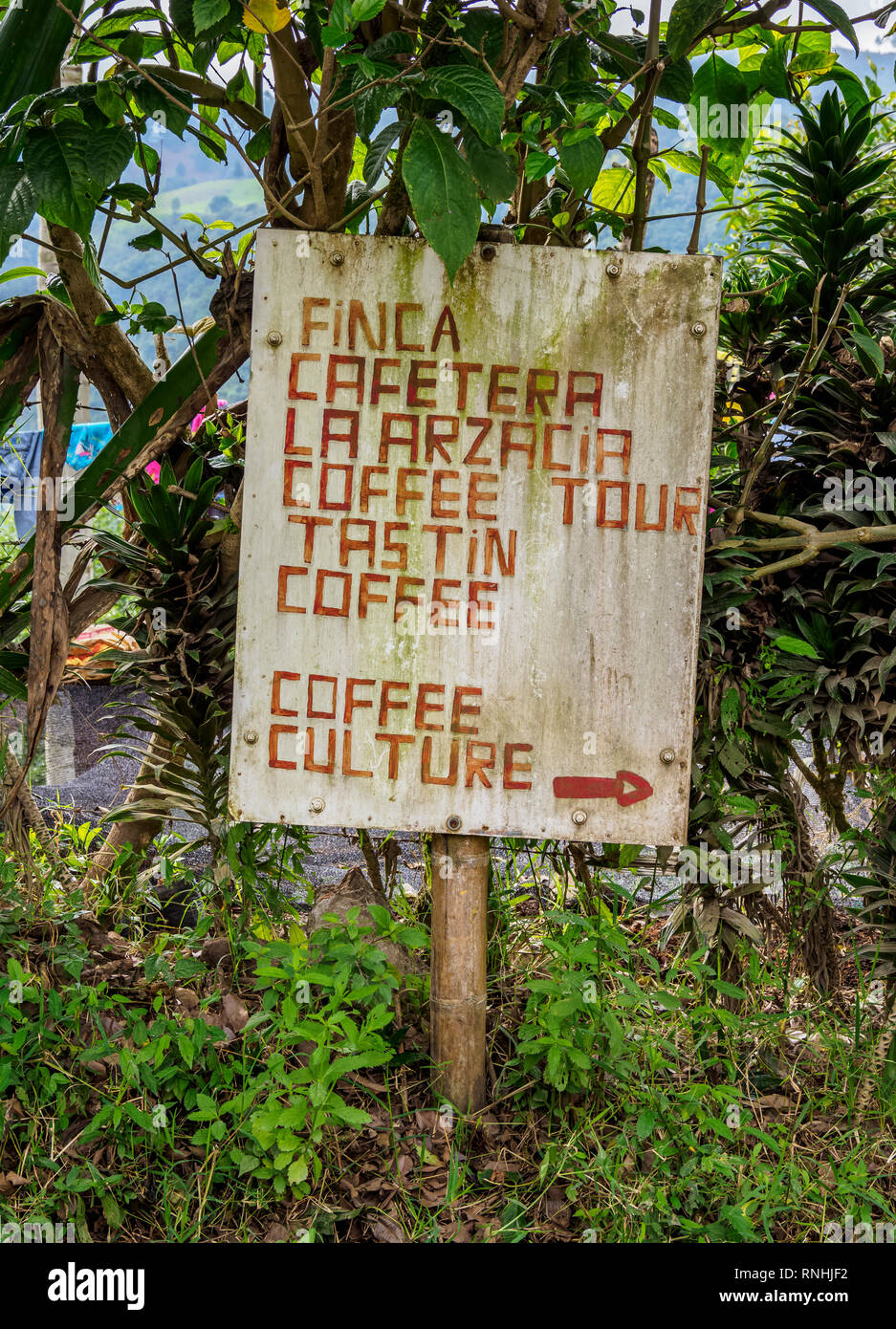 Giro del caffè segno, Salento, dipartimento di Quindio, Colombia Foto Stock