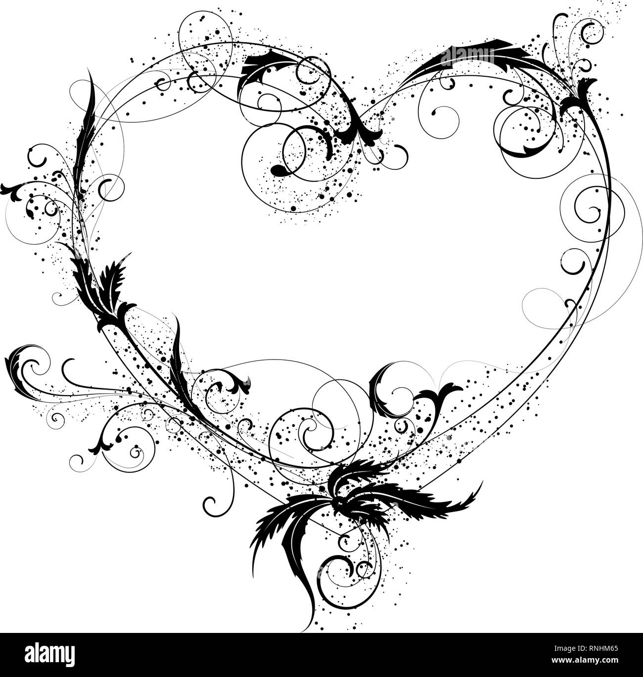 Cuore di fiori ornamentali e splendido cuore elemento di design silhouette in nero. Illustrazione Vettoriale