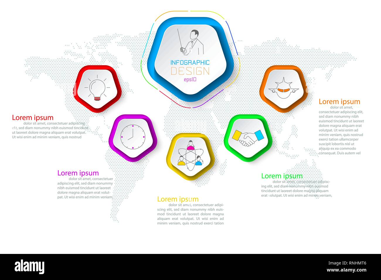 Pentagoni ed infografico etichetta con 6 passaggi. Illustrazione Vettoriale