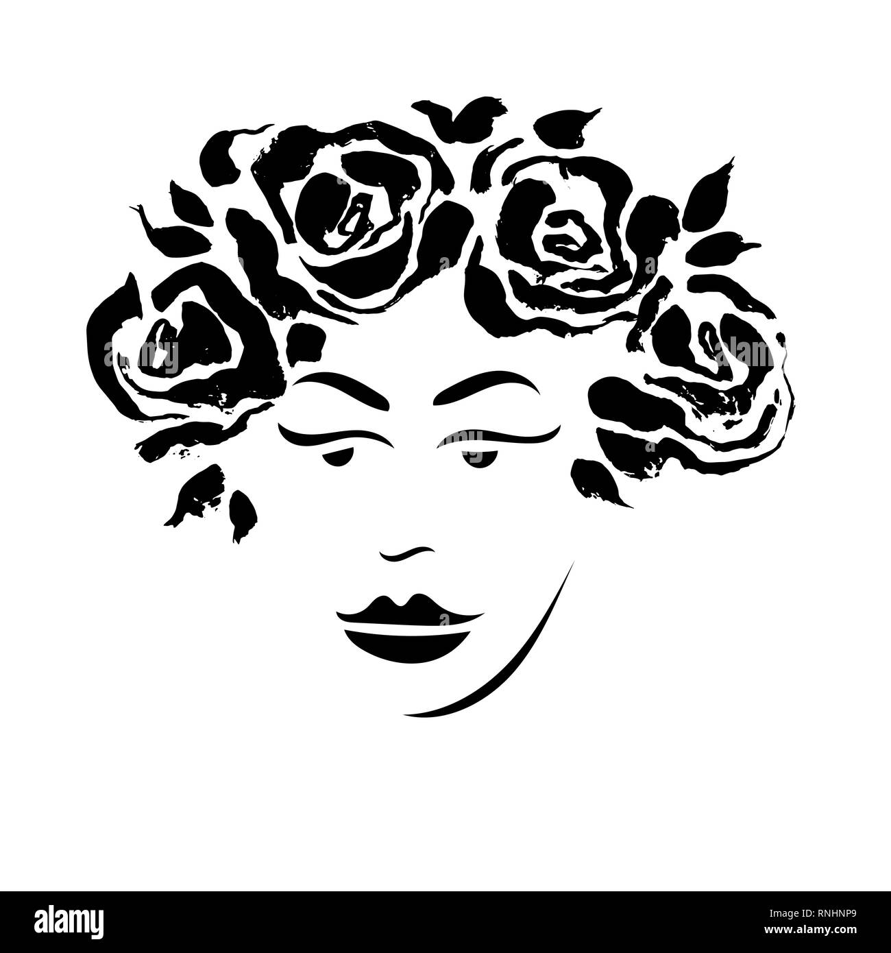 Ragazza con rose corona. Spazzola moderno illustrazione vettoriale. Illustrazione Vettoriale