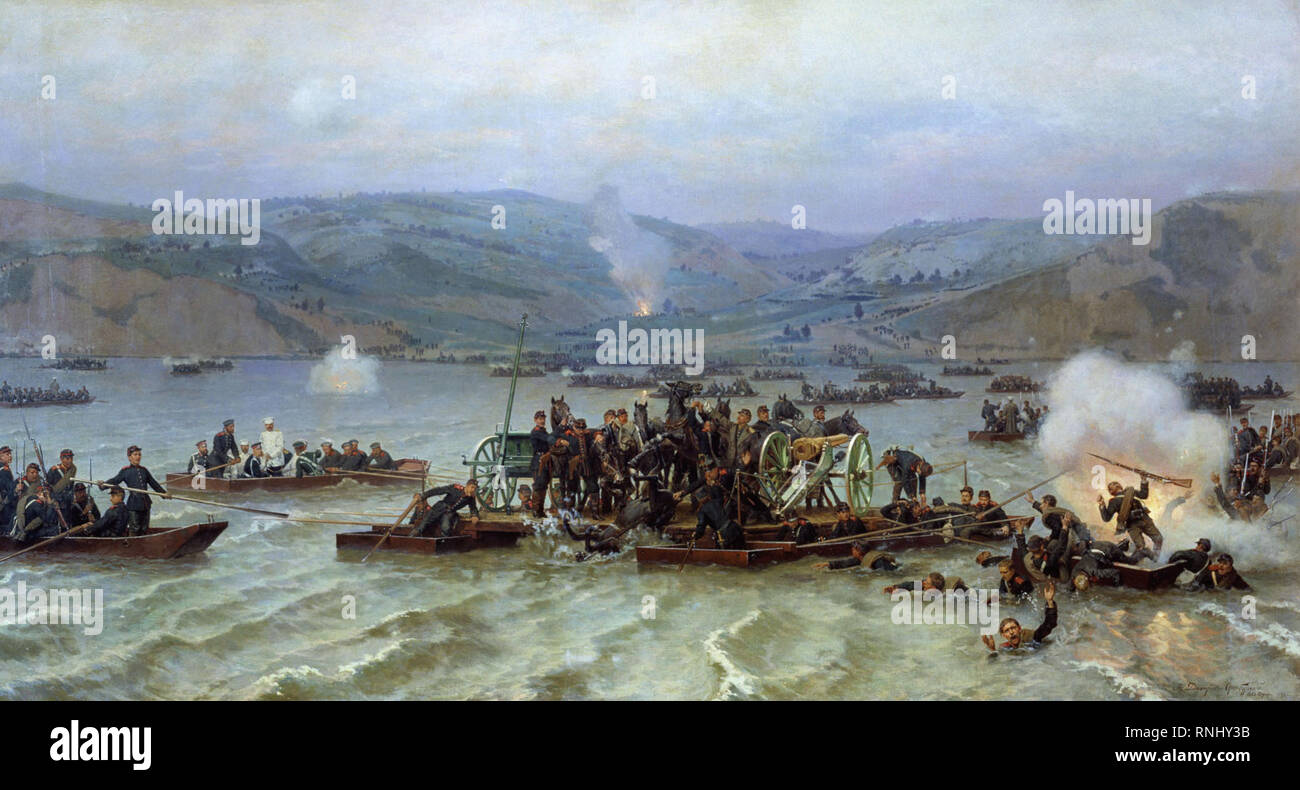 Traversata dell'esercito russo sul Danubio a Zimnicea/Svishtov Giugno 15, 1877 - Nikolai Dmitriev-Orenburgsky, circa 1883 Foto Stock
