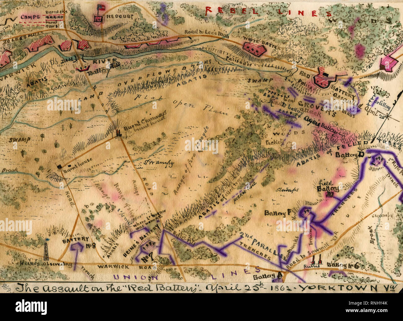 L'assalto alla 'batteria rosso", Aprile 25th, 1862 Yorktown, Virginia - mostra la zona tra il fiume Warwick a ovest e il Warwick Road ad est come McClellan's ha attaccato le forze confederate batterie sulla penisola a sud di Yorktown, Virginia Foto Stock