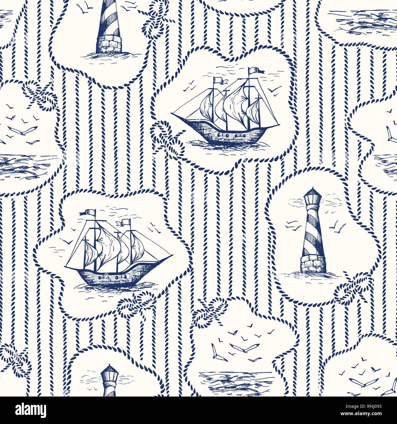 Vintage Hand-Drawn corda strisce Framesand Toile de Jouy Vector Seamless Pattern con faro, gabbiani scenari e navi. Nodi nautici. Monochrom Illustrazione Vettoriale